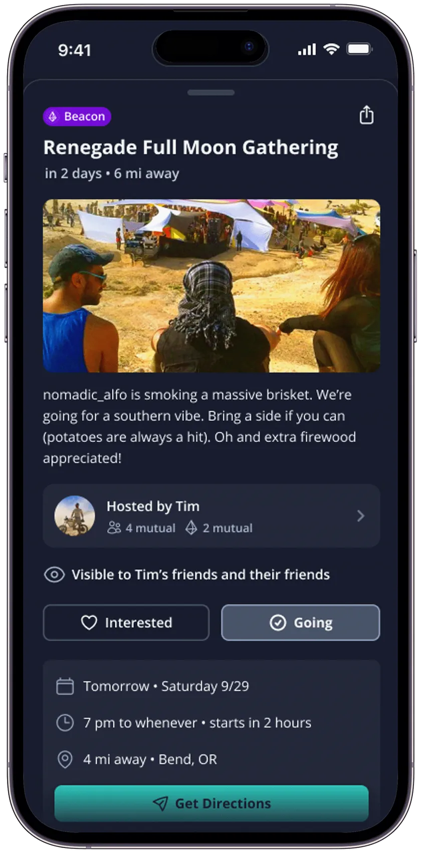 Crossroads app event page for a community gathering, with host details and RSVP buttons